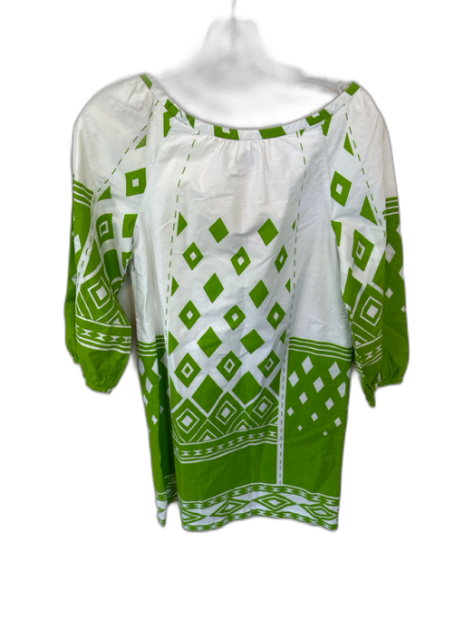 Tibi Size 2 White & Green Cotton Long Balloon Sleeve Triangles Dress White & Green / 2
