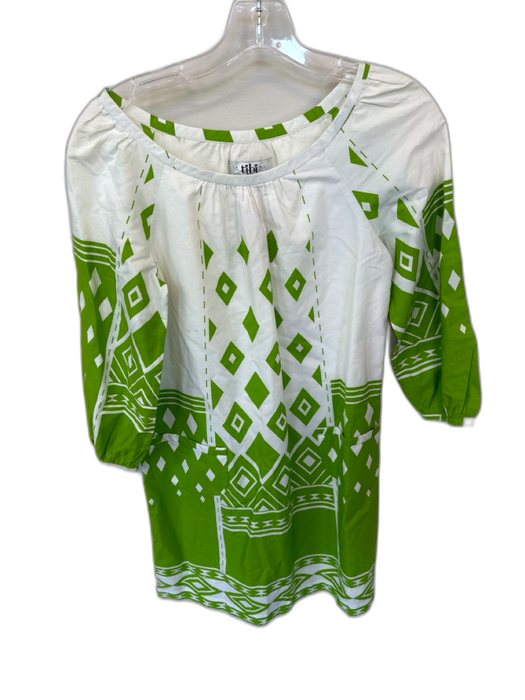 Tibi Size 2 White & Green Cotton Long Balloon Sleeve Triangles Dress White & Green / 2