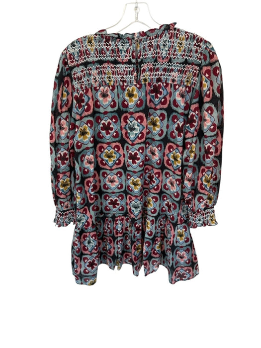 Olivia James Size L Blue & Maroon Cotton Long Balloon Sleeve Flowers Dress Blue & Maroon / L