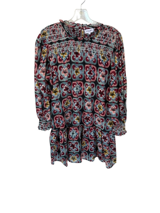 Olivia James Size L Blue & Maroon Cotton Long Balloon Sleeve Flowers Dress Blue & Maroon / L