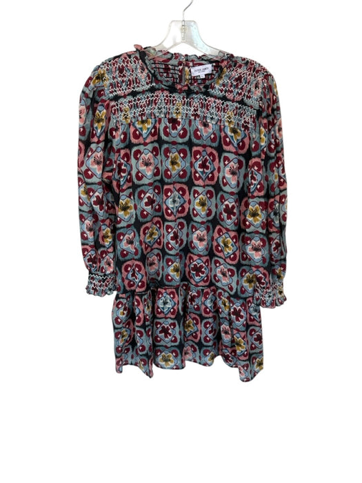 Olivia James Size L Blue & Maroon Cotton Long Balloon Sleeve Flowers Dress Blue & Maroon / L