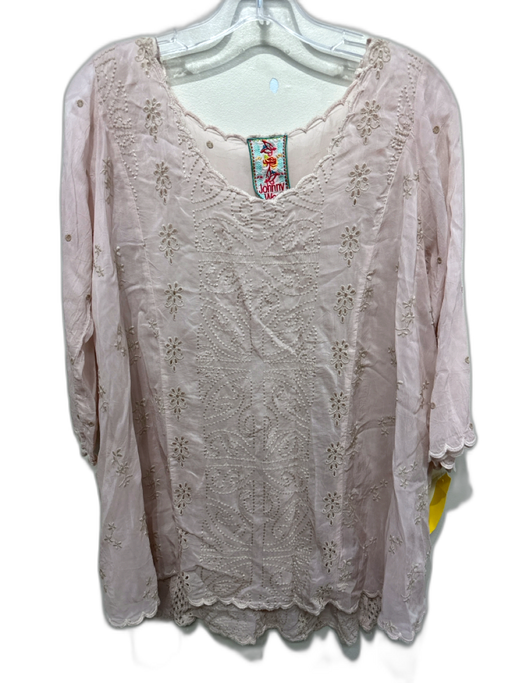 Johnny Was Size XS Light Pink Cupra 3/4 Sleeve Floral Eyelet Scalloped Sheer Top Light Pink / XS