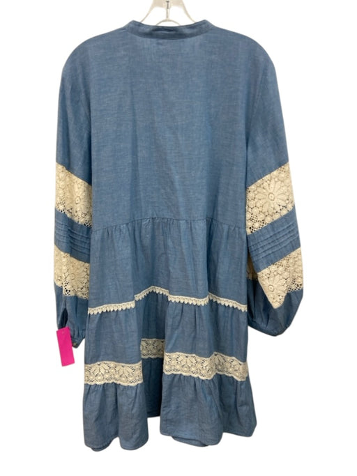 Johnny Was Size XL Blue & White Cotton Blend Long Sleeve Lace Detail Midi Dress Blue & White / XL