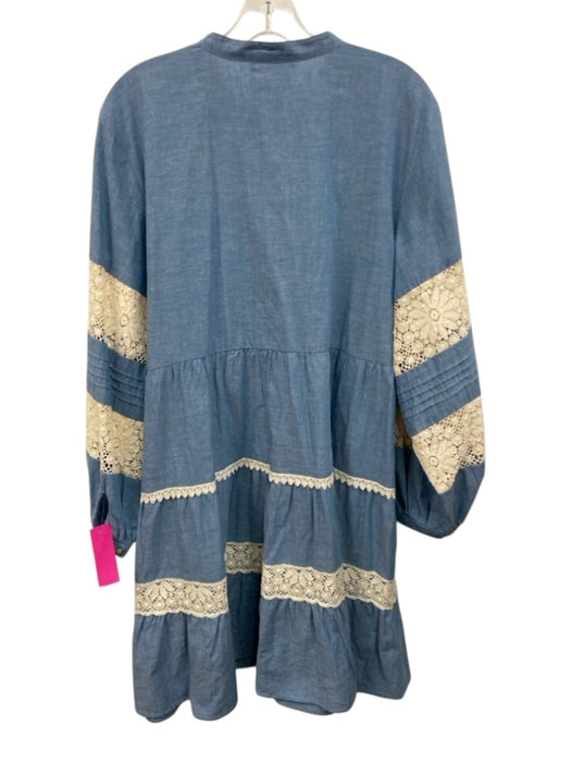 Johnny Was Size XL Blue & White Cotton Blend Long Sleeve Lace Detail Midi Dress Blue & White / XL