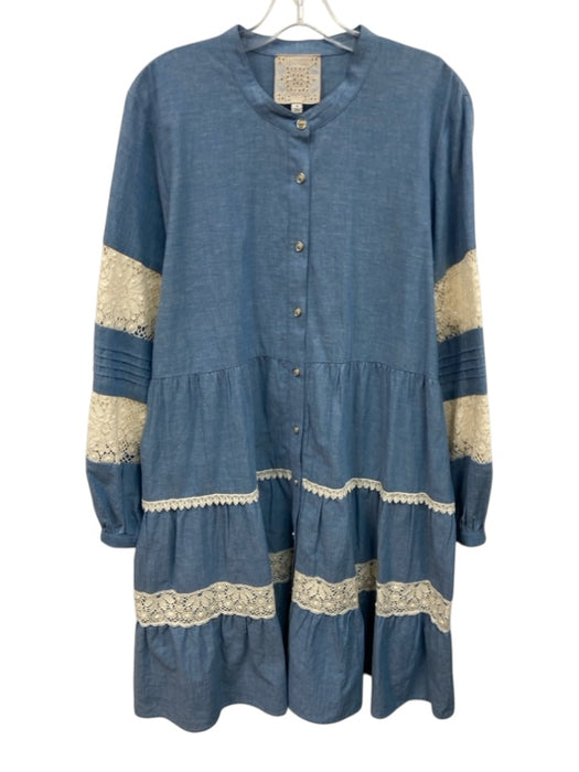 Johnny Was Size XL Blue & White Cotton Blend Long Sleeve Lace Detail Midi Dress Blue & White / XL