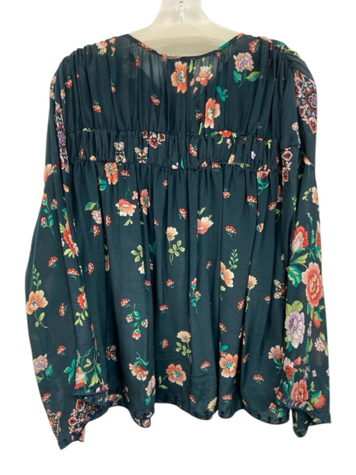 Johnny Was Size XL Navy & Multi Rayon Long Sleeve Floral Split Neck Top Navy & Multi / XL