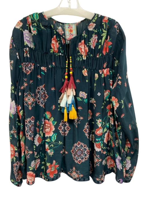 Johnny Was Size XL Navy & Multi Rayon Long Sleeve Floral Split Neck Top Navy & Multi / XL