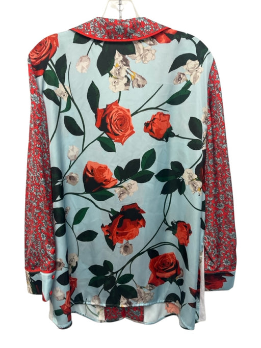 Alice + Olivia Size XL Red, Blue, Green Polyester Satin Floral Long Sleeve Top Red, Blue, Green / XL