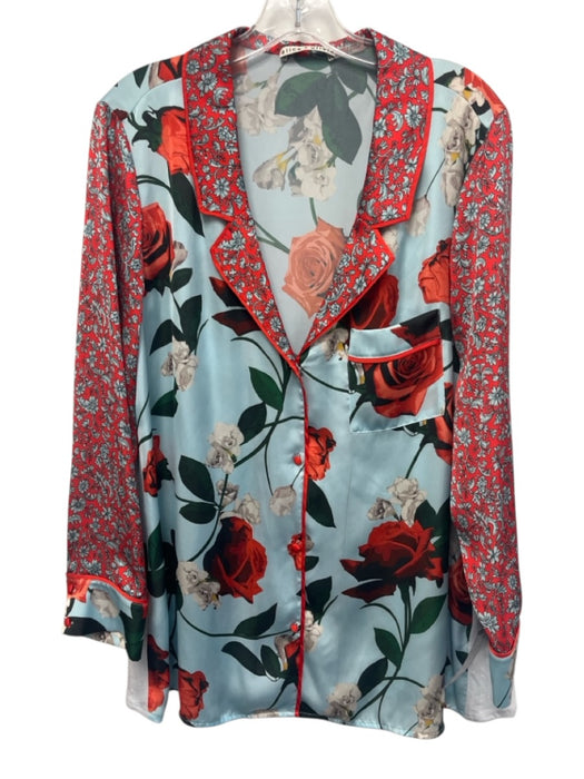 Alice + Olivia Size XL Red, Blue, Green Polyester Satin Floral Long Sleeve Top Red, Blue, Green / XL