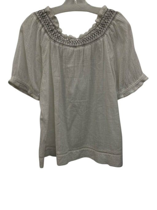 Sundance Size M White & Multi Cotton Smocked Neck 1/2 Button Short Sleeve Top White & Multi / M