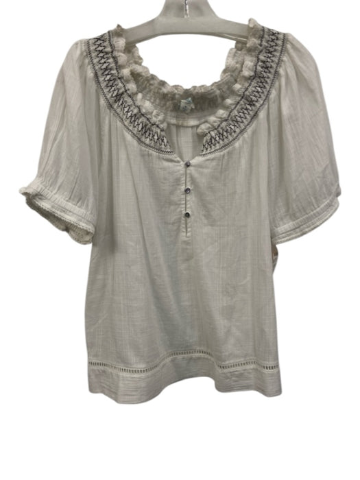 Sundance Size M White & Multi Cotton Smocked Neck 1/2 Button Short Sleeve Top White & Multi / M
