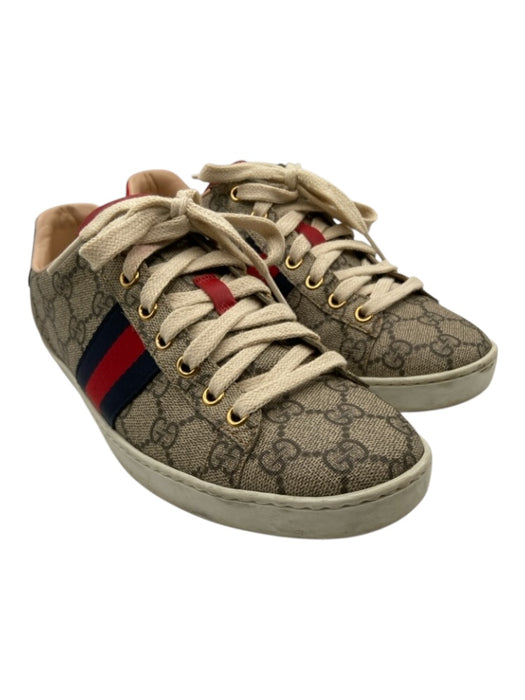 Gucci Shoe Size 38 Red, Navy, Brown Coated Canvas Lace Up Gucci Supreme Sneakers Red, Navy, Brown / 38