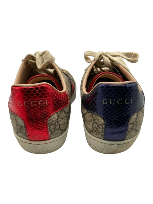 Gucci Shoe Size 38 Red, Navy, Brown Coated Canvas Lace Up Gucci Supreme Sneakers Red, Navy, Brown / 38