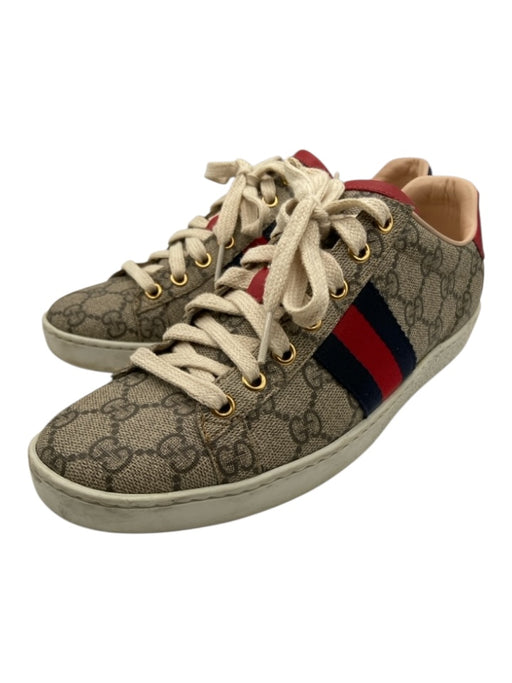 Gucci Shoe Size 38 Red, Navy, Brown Coated Canvas Lace Up Gucci Supreme Sneakers Red, Navy, Brown / 38
