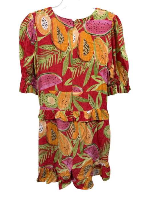 Farm Rio Size S Red & Multi Linen Blend Fruit Print V Neck Ruffle Romper Red & Multi / S