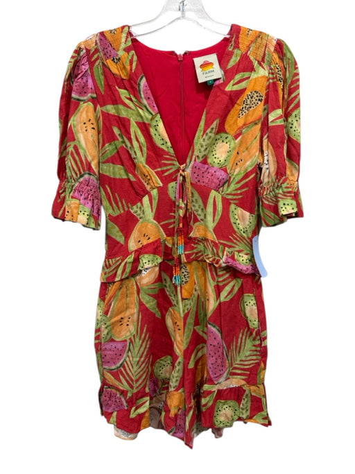 Farm Rio Size S Red & Multi Linen Blend Fruit Print V Neck Ruffle Romper Red & Multi / S