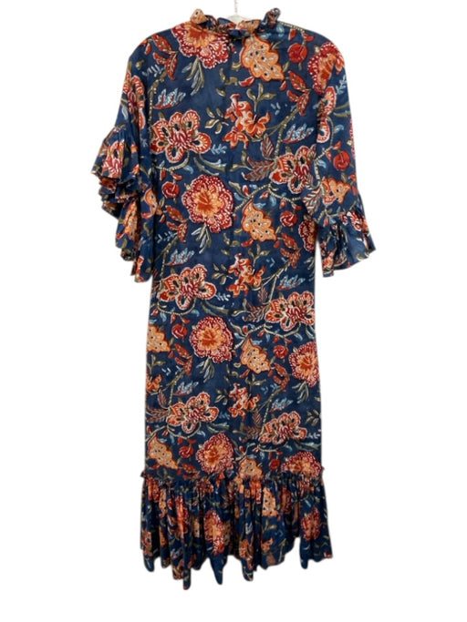 Fitzroy & Willa Size M Blue, Red, Orange Cotton Block Printed Floral Maxi Dress Blue, Red, Orange / M