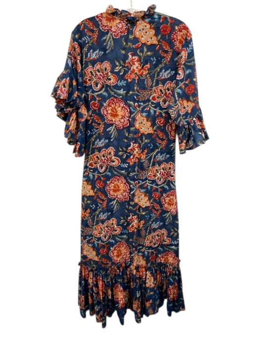 Fitzroy & Willa Size M Blue, Red, Orange Cotton Block Printed Floral Maxi Dress Blue, Red, Orange / M