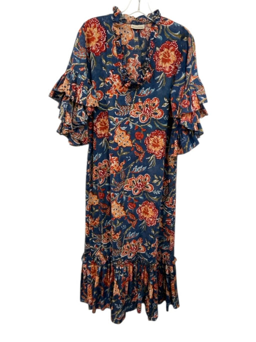Fitzroy & Willa Size M Blue, Red, Orange Cotton Block Printed Floral Maxi Dress Blue, Red, Orange / M