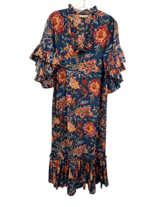 Fitzroy & Willa Size M Blue, Red, Orange Cotton Block Printed Floral Maxi Dress Blue, Red, Orange / M