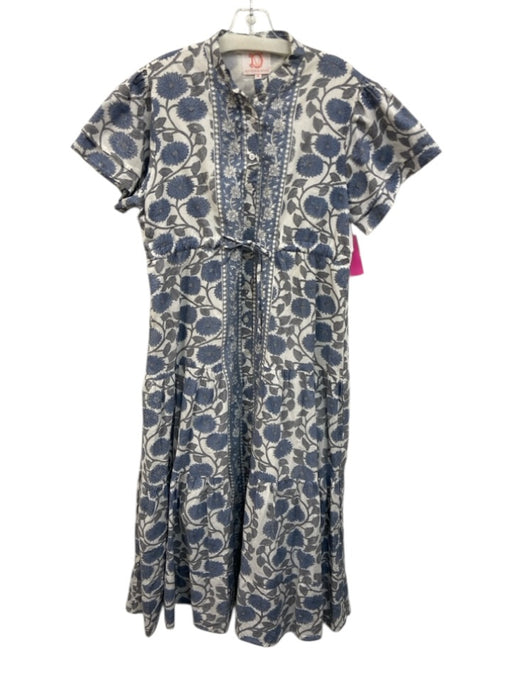 Victoria Dunn Size M Gray, Blue, White Cotton Block Printed Floral Maxi Dress Gray, Blue, White / M