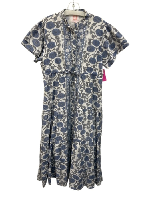 Victoria Dunn Size M Gray, Blue, White Cotton Block Printed Floral Maxi Dress Gray, Blue, White / M