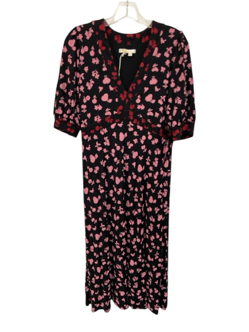 Boden Size 10 Black, Red, Pink Viscose Blend Floral Silhouette V Neck Dress Black, Red, Pink / 10