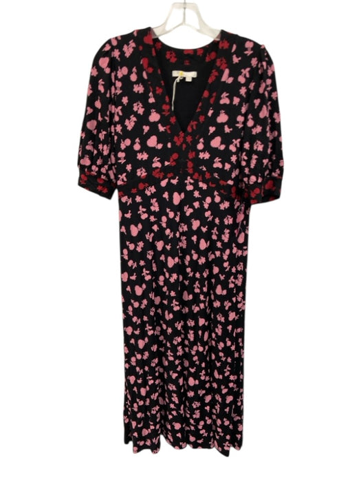 Boden Size 10 Black, Red, Pink Viscose Blend Floral Silhouette V Neck Dress Black, Red, Pink / 10