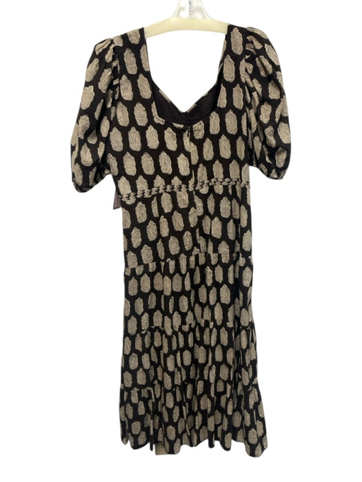 Anna Cate Size L Brown & Beige Cotton Block Printed Flowers Puff Sleeve Dress Brown & Beige / L