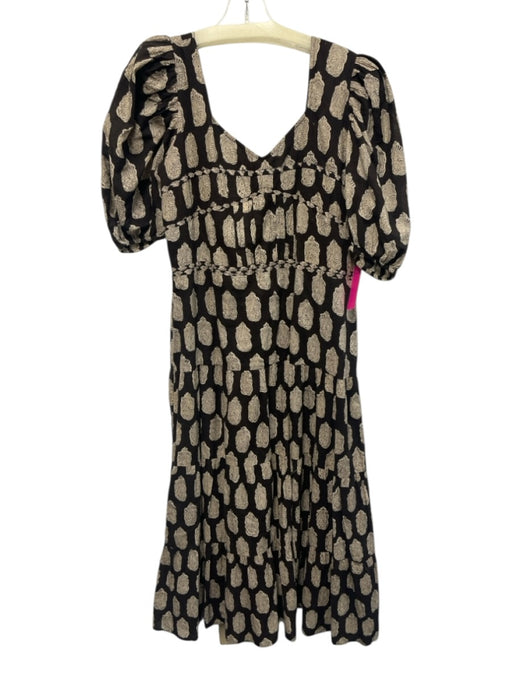 Anna Cate Size L Brown & Beige Cotton Block Printed Flowers Puff Sleeve Dress Brown & Beige / L