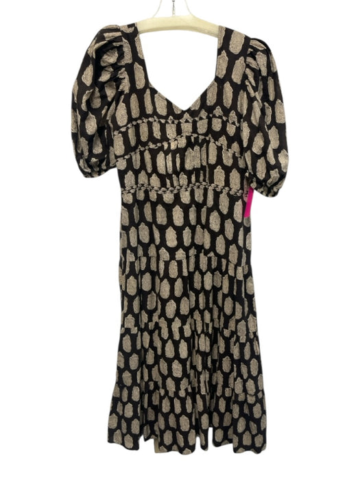 Anna Cate Size L Brown & Beige Cotton Block Printed Flowers Puff Sleeve Dress Brown & Beige / L