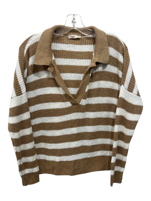 Faherty Size M Brown & White Linen & Cotton Long Sleeve Striped V Neck Knit Top Brown & White / M