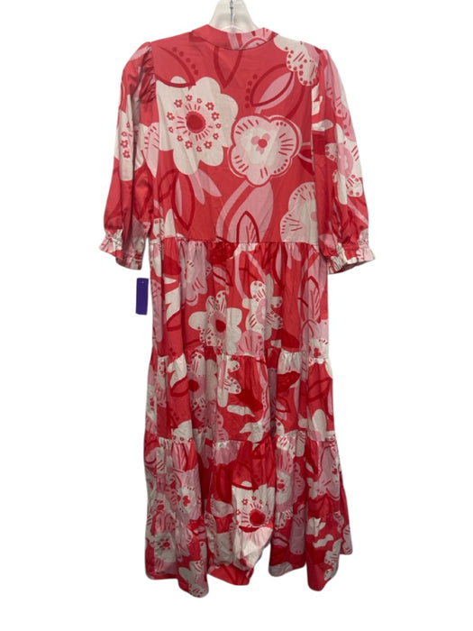 Karlie Size M Pink Multi 100% Cotton Puff Sleeves Floral Tiered Skirt Maxi Dress Pink Multi / M
