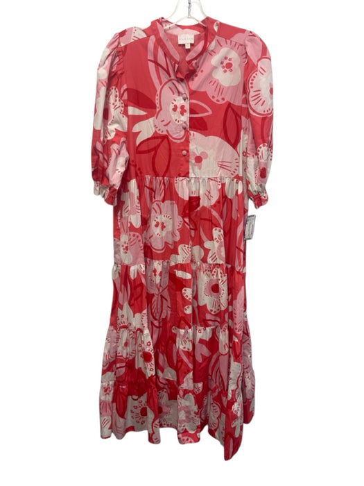 Karlie Size M Pink Multi 100% Cotton Puff Sleeves Floral Tiered Skirt Maxi Dress Pink Multi / M