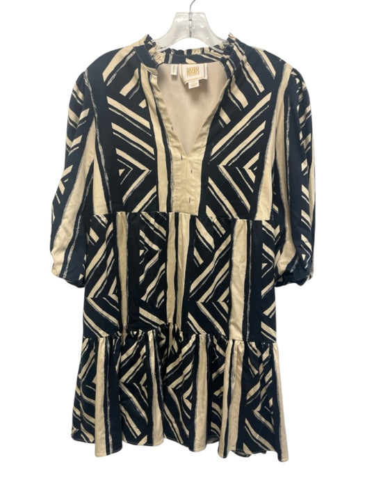 Emily McCarthy Size S Navy & Cream Lycocell & Cotton Tiered Skirt Abstract Dress Navy & Cream / S