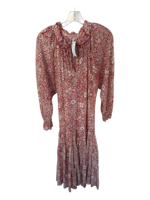 Free People Size XS Red & Tan Polyester Long Balloon Sleeve Flowers V Neck Dress Red & Tan / XS