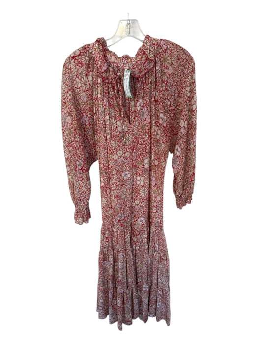 Free People Size XS Red & Tan Polyester Long Balloon Sleeve Flowers V Neck Dress Red & Tan / XS