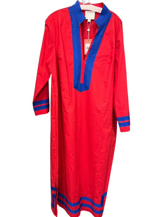STS Size XXL Red & Blue Cotton Long Sleeve V Neck Side Zip Collar Dress Red & Blue / XXL