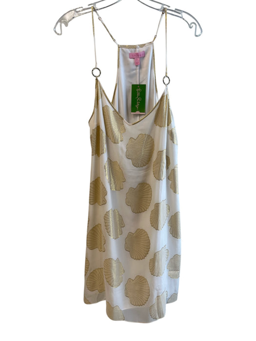 Lily Pulitzer Size XL White & Gold Silk Sleeveless Seashell Print V Neck Dress White & Gold / XL