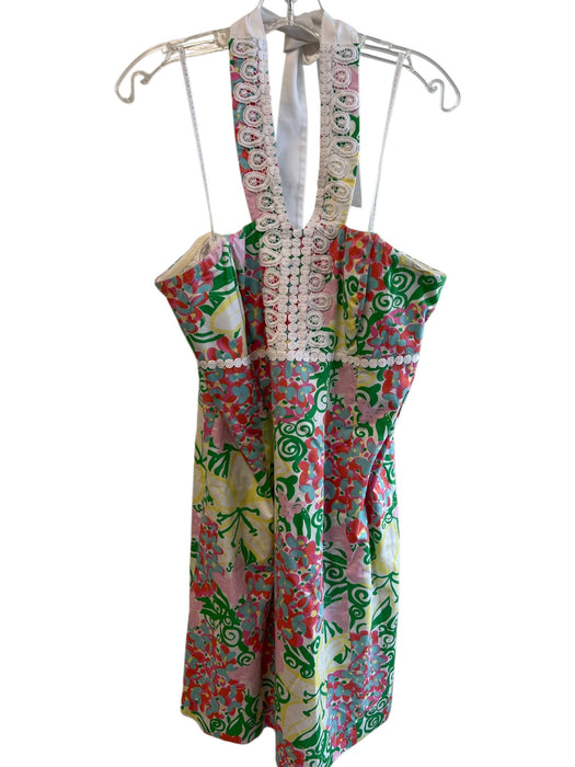 Lily Pulitzer Size 14 Pink Multi Cotton Halter Tie Neck Floral Print Dress Pink Multi / 14