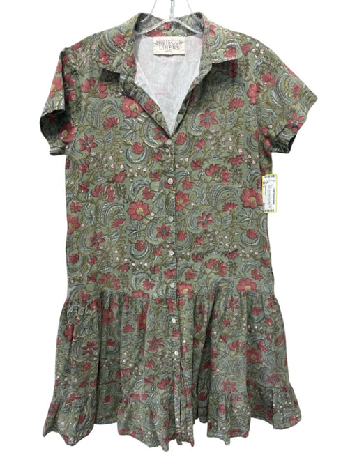 Hibiscus Linens Size S Green, Red & Yellow Print Cotton Floral Paisley Dress Green, Red & Yellow Print / S