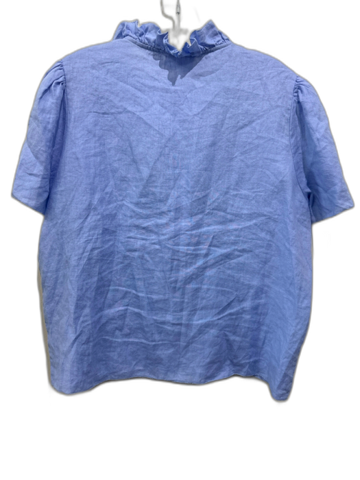 Sundays Size M Blue Linen Short Sleeve Half Button Ruffle Top Blue / M
