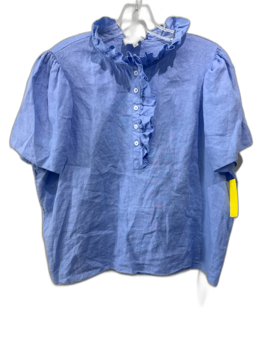 Sundays Size M Blue Linen Short Sleeve Half Button Ruffle Top Blue / M