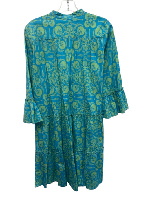 Sheridan French Size Small Blue & Green Cotton Blend Long Sleeve Gathered Dress Blue & Green / Small