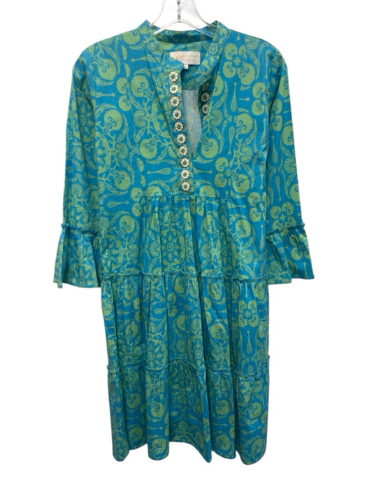 Sheridan French Size Small Blue & Green Cotton Blend Long Sleeve Gathered Dress Blue & Green / Small