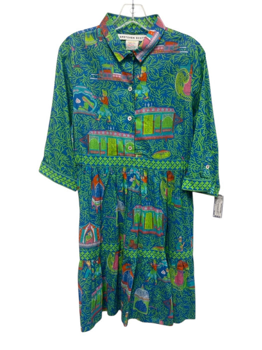 Gretchen Scott Size Small Blue, Green, Orange Cotton Half Sleeve Collar Dress Blue, Green, Orange / Small