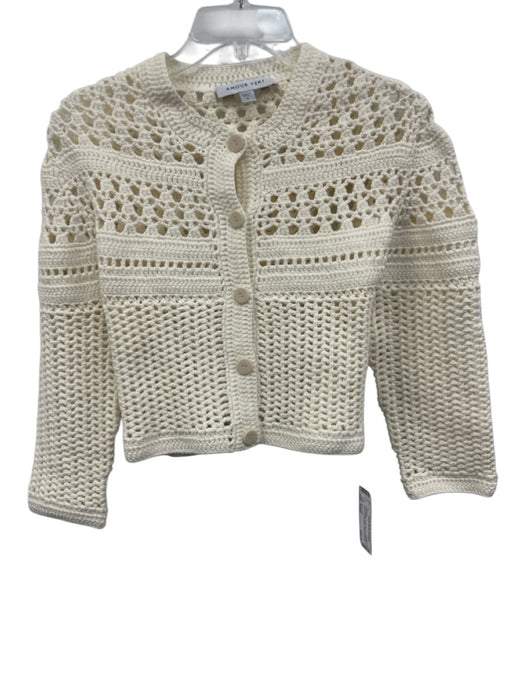 Amour Vert Size Small Cream White Cotton Blend Long Sleeve Open Crochet Cardigan Cream White / Small