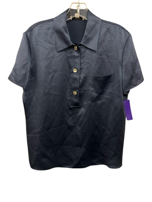 Vince Size Small Blue Silk Short Sleeve Half Button Patch Pocket Polo Top Blue / Small