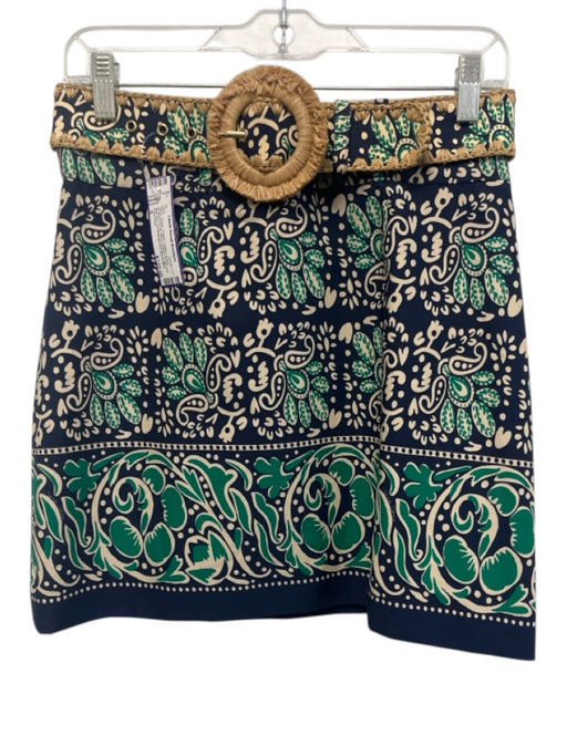 Cara Cara Size 6 Navy, Green, Cream Cotton A-line Abstract Floral Straw Skirt Navy, Green, Cream / 6
