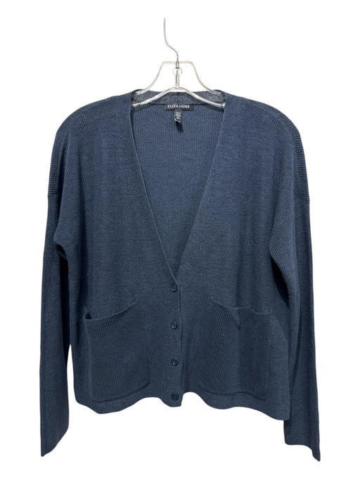 Eileen Fisher Size PS Blue Linen & Cotton Knit Front Pockets Button Up Cardigan Blue / PS